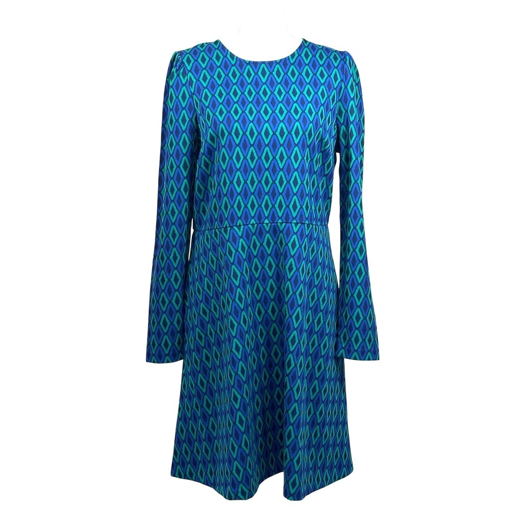 Boden Blue Green Diamond Knit Dress US 12R D0798 Mod Retro Polished Preppy NWT